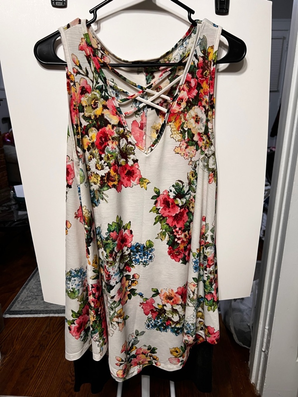 Annabelle Floral Crisscross Tank Top - Cream with Pink, Green & Blue Blossoms